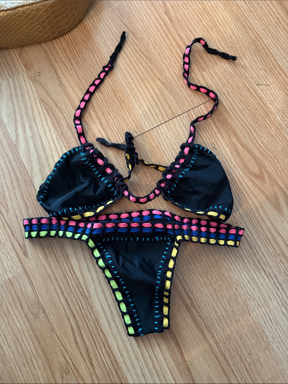 Black Kids One-Piece Swim Set with Neon Pink & Yellow Trim
